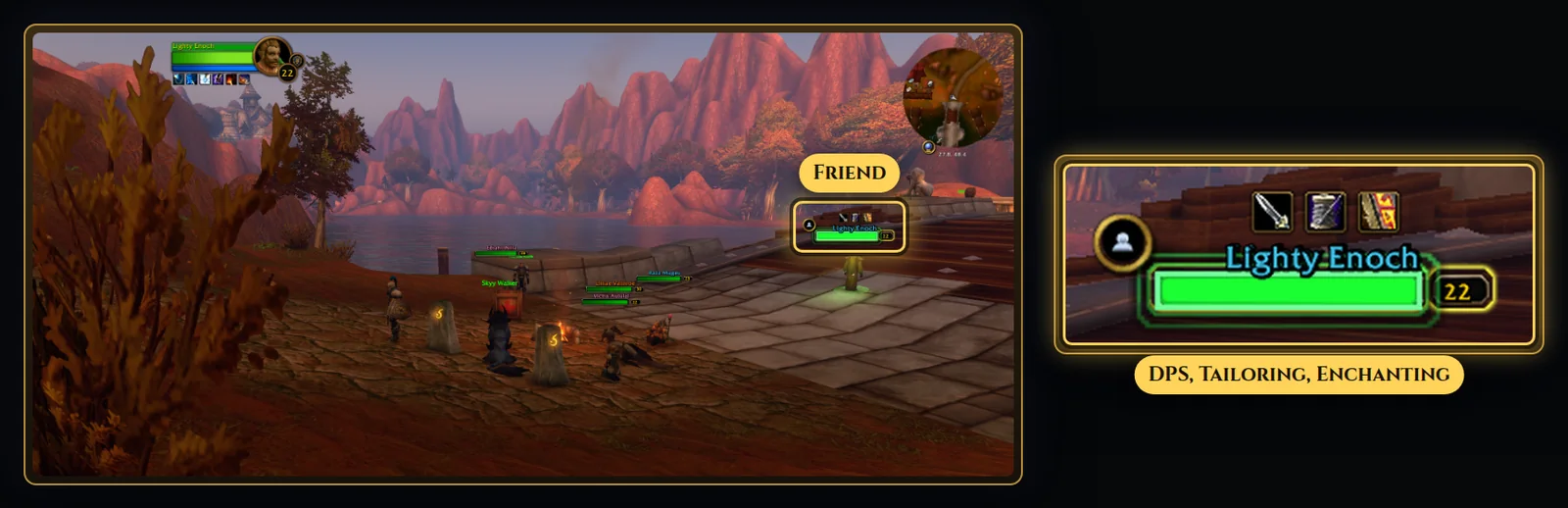 Friends and their skills at a glance. Mark a player as a friend and pick what they do: their name plate gets a friend badge, a green glow and icons for their roles.