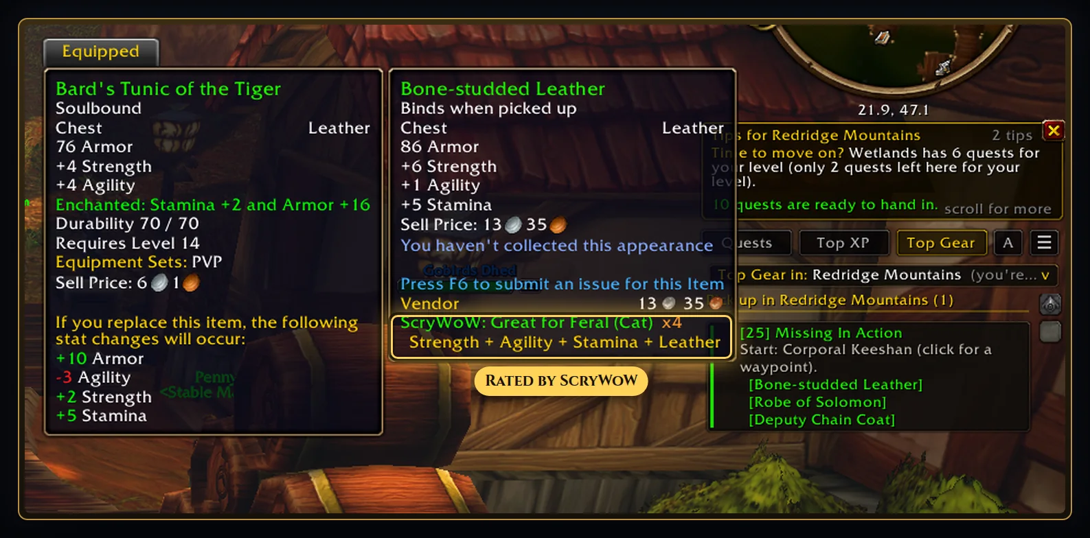 Gear rated for your spec. Every item tooltip says whether it is great, good or not for you, and Top Gear lists the quest rewards worth chasing.