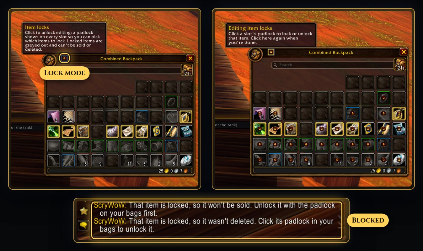 Lock items so they're never sold or deleted. Pick the items that matter. Locked items are greyed out, and ScryWoW blocks selling or deleting them by accident.