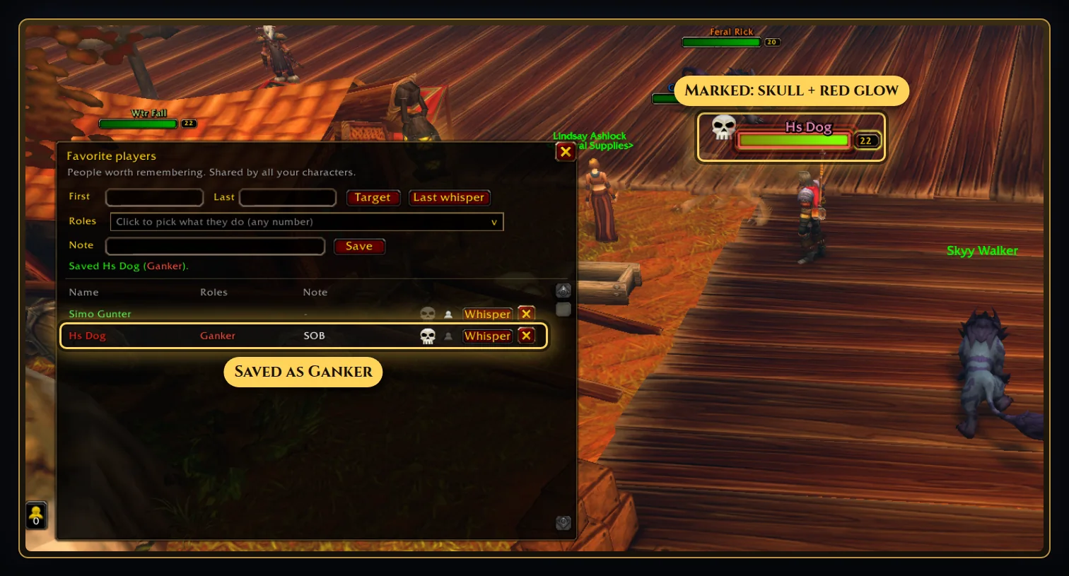 Gankers marked on sight. Watch-out players get a skull and a red glow on their name plate, and your guild can share those marks with you.