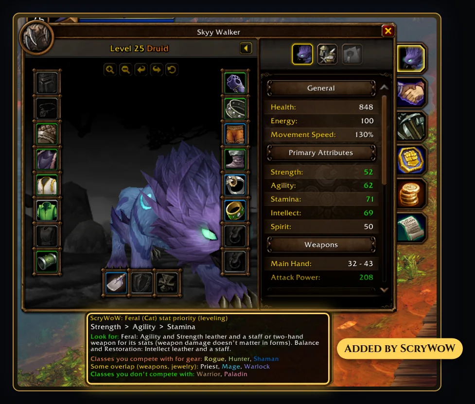 Stat priority on your character sheet. What to look for, in order, for your spec, and which classes compete with you for gear.