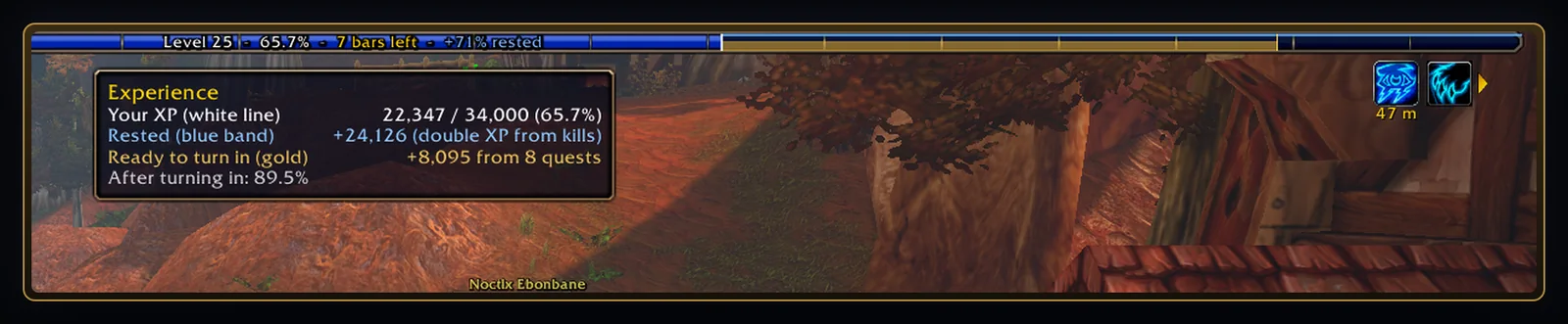 An XP bar you can actually read. Level, percent, bars left and rested XP on the bar, plus a gold band for the XP waiting in your finished quests.